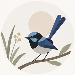 Illustration of a superb fairywren perched on a branch