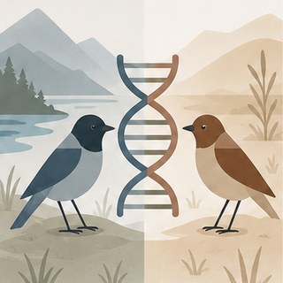 Illustration of two birds of different colors facing each other with a DNA helix between them